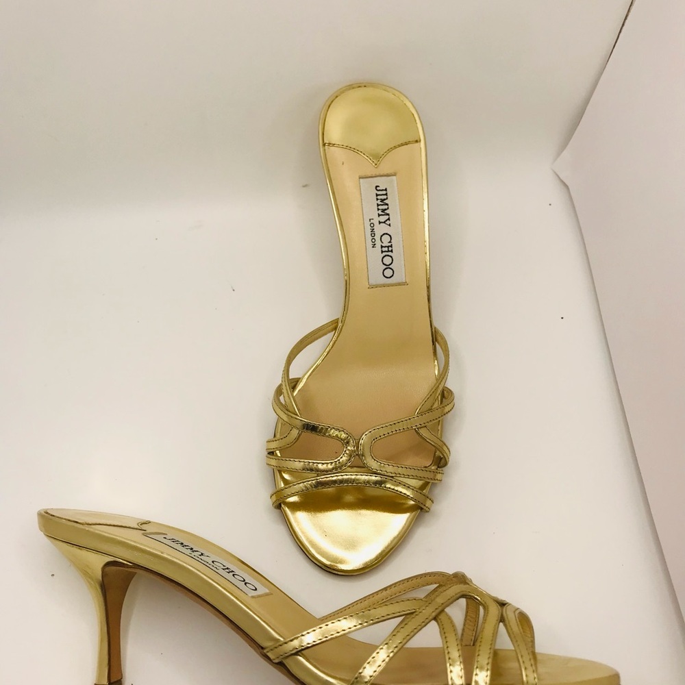 Jimmy Choo Metallic Gold Strappy Slide Heels - Picture 8 of 12